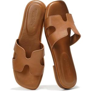imageProject Cloud Fashion Flat Summer Sandals for Women 2025  Leather Womens Sandals Comfortable Memory Foam Slides for Women Footwear  Mules Womens Sandals  Walking Sandals Women JannelCognac