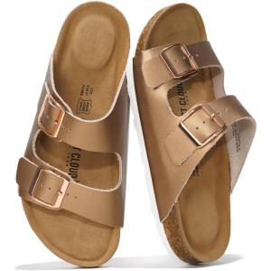 imageProject Cloud Genuine Leather Flat Sandals Beach Essentials Womens Sandals Memory Foam Vacation Essentials Slides for Women Footwear VenitaBronze