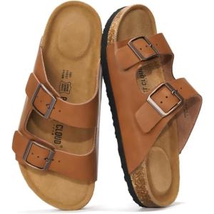 imageProject Cloud Genuine Leather Flat Sandals Beach Essentials Womens Sandals Memory Foam Vacation Essentials Slides for Women Footwear VenitaCongnac