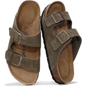 imageProject Cloud Genuine Leather Flat Sandals Beach Essentials Womens Sandals Memory Foam Vacation Essentials Slides for Women Footwear VenitaOlive Suede