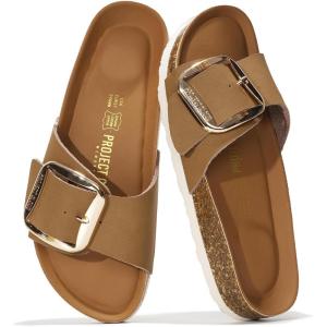 imageProject Cloud Genuine Leather Sandals Women Dressy Summer Beach Essentials  Flip Flops ampamp Slides with Memory Foam Insole Womens Sandals Comfortable FootwearCognacbigger Buckle