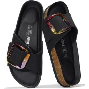 imageProject Cloud Genuine Leather Sandals Women Dressy Summer Beach Essentials  Flip Flops ampamp Slides with Memory Foam Insole Womens Sandals Comfortable FootwearBlackmattebigger Buckle