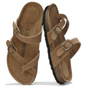 imageProject Cloud Genuine Leather Womens Sandals  Comfortable Cork Footbed Slides with Memory Foam Beach Essential Summer Sandals For Women 2025 LianChestnut