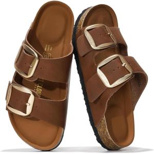 imageProject Cloud Genuine Leather Flat Sandals Comfortable Beach Essentials Womens Sandals Memory Foam Vacation Essentials Slides for Women Footwear SantoriniBrown
