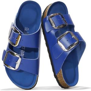 imageProject Cloud Genuine Leather Flat Sandals Comfortable Beach Essentials Womens Sandals Memory Foam Vacation Essentials Slides for Women Footwear SantoriniCobalt