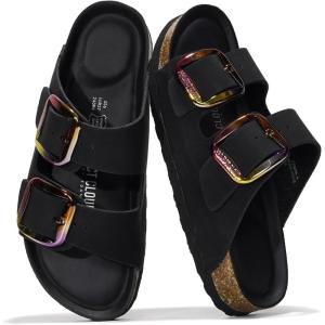 imageProject Cloud Genuine Leather Flat Sandals Comfortable Beach Essentials Womens Sandals Memory Foam Vacation Essentials Slides for Women Footwear SantoriniBlack Matte