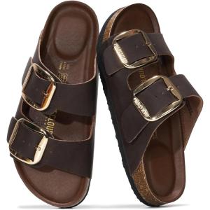 imageProject Cloud Genuine Leather Flat Sandals Comfortable Beach Essentials Womens Sandals Memory Foam Vacation Essentials Slides for Women Footwear SantoriniChocolate