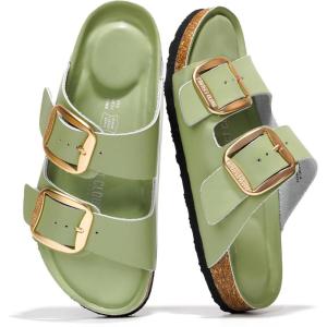 imageProject Cloud Genuine Leather Flat Sandals Comfortable Beach Essentials Womens Sandals Memory Foam Vacation Essentials Slides for Women Footwear SantoriniPistachio
