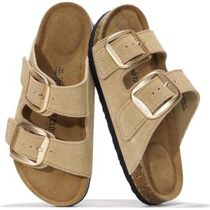 imageProject Cloud Genuine Leather Flat Sandals Comfortable Beach Essentials Womens Sandals Memory Foam Vacation Essentials Slides for Women Footwear SantoriniCamel