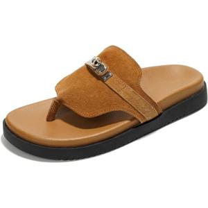 imageProject Cloud Genuine Leather Womens Sandals  Memory Foam Summer Sandals for Women 2025  Slip on Slides for Women Mules Sandals Women Footwear Non Slip Beach Sandals for Woman VitaCognac