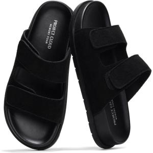imageProject Cloud Genuine Leather Memory Foam Womens Sandals  Stylish and Comfortable Double Strap Slip In Slides for Women  Perfect Summer Sandals for Women 2025 SleekBlack Suede