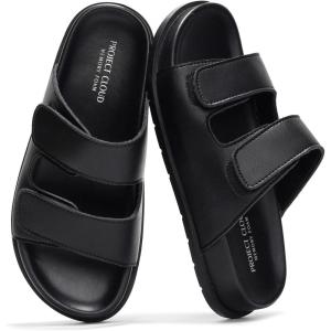 imageProject Cloud Genuine Leather Memory Foam Womens Sandals  Stylish and Comfortable Double Strap Slip In Slides for Women  Perfect Summer Sandals for Women 2025 SleekBlack