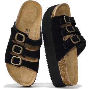 imageProject Cloud Genuine Suede Womens Sandals  Comfortable Wedges ampamp Platform Sandals for Women with Memory Foam Insole  NonSlip 3Strap Wedge for Women Footwear DyanBlack