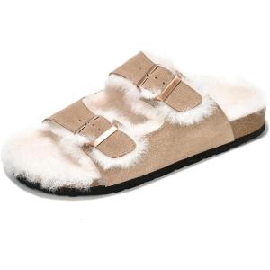 imageProject Cloud Genuine Suede House Slippers for women  Cozy Womens Sandals Shearling Fur Lining Slides for Women Footwear  Adjustable Straps Sandals for Women 2025 DianeaTaupe