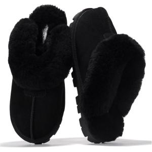 imageProject Cloud House Slippers for Women  Genuine Leather ampamp Natural Fur Lining Fluffy Slippers  Memory Foam Womens Shoes HedyBlack
