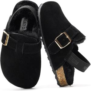 imageProject Cloud Clogs for Kids  Genuine Leather Kids Clogs with Cork Footbed Arch Support  NonSlip Slippers ampamp Sandals for Boys ampamp Girls FootwearBlack Fur Lined