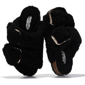 imageProject Cloud Fur Kids Sandals with Adjustable Buckle  Natural Cork Footbed Slides Sandals for Girls wMemory Foam  Non Slip Slide Sandals Santorini KidBlack