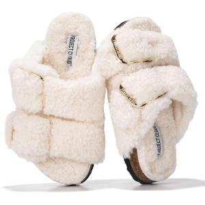 imageProject Cloud Fur Kids Sandals with Adjustable Buckle  Natural Cork Footbed Slides Sandals for Girls wMemory Foam  Non Slip Slide Sandals Santorini KidOffwhite