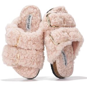 imageProject Cloud Fur Kids Sandals with Adjustable Buckle  Natural Cork Footbed Slides Sandals for Girls wMemory Foam  Non Slip Slide Sandals Santorini KidLight Pink