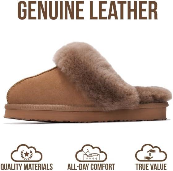 imageProject Cloud 100 Genuine Leather Slippers for Women Footwear with Genuine Fur Lining Womens Clogs ampamp Mule  NonSlip IndoorOutdoor Scuff Womens Slippers with Memory Foam Insole HenkaCamel Suede