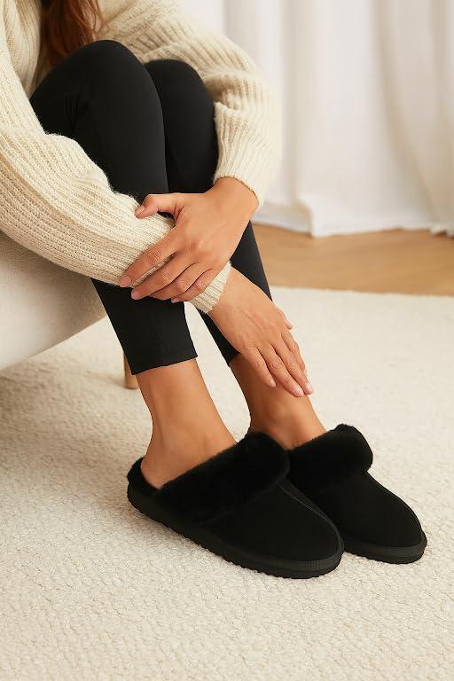 imageProject Cloud 100 Genuine Leather Slippers for Women Footwear with Genuine Fur Lining Womens Clogs ampamp Mule  NonSlip IndoorOutdoor Scuff Womens Slippers with Memory Foam Insole HenkaBlack