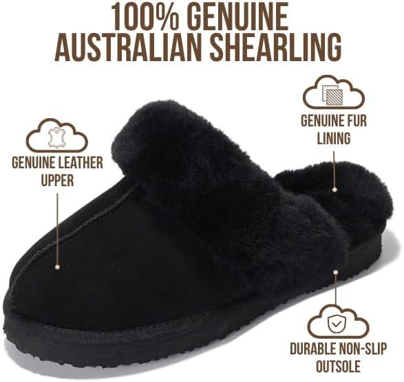 imageProject Cloud 100 Genuine Leather Slippers for Women Footwear with Genuine Fur Lining Womens Clogs ampamp Mule  NonSlip IndoorOutdoor Scuff Womens Slippers with Memory Foam Insole HenkaBlack