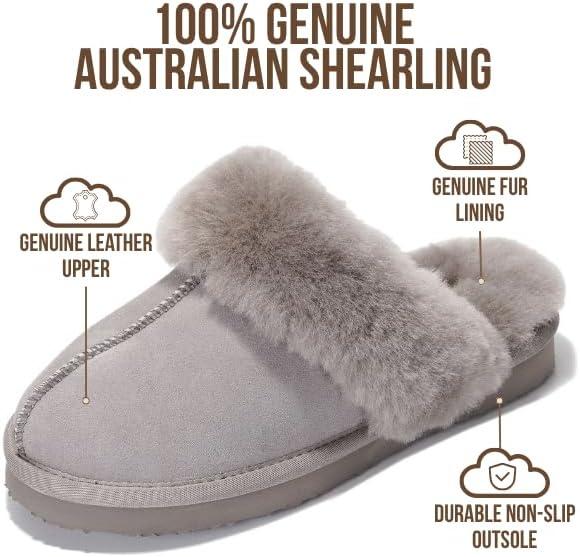 imageProject Cloud 100 Genuine Leather Slippers for Women Footwear with Genuine Fur Lining Womens Clogs ampamp Mule  NonSlip IndoorOutdoor Scuff Womens Slippers with Memory Foam Insole HenkaGrey