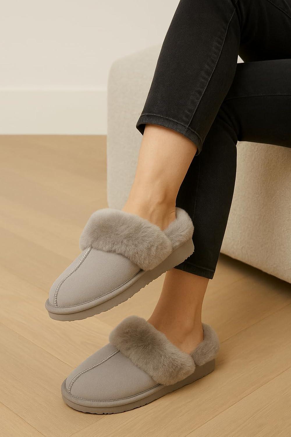 imageProject Cloud 100 Genuine Leather Slippers for Women Footwear with Genuine Fur Lining Womens Clogs ampamp Mule  NonSlip IndoorOutdoor Scuff Womens Slippers with Memory Foam Insole HenkaGrey