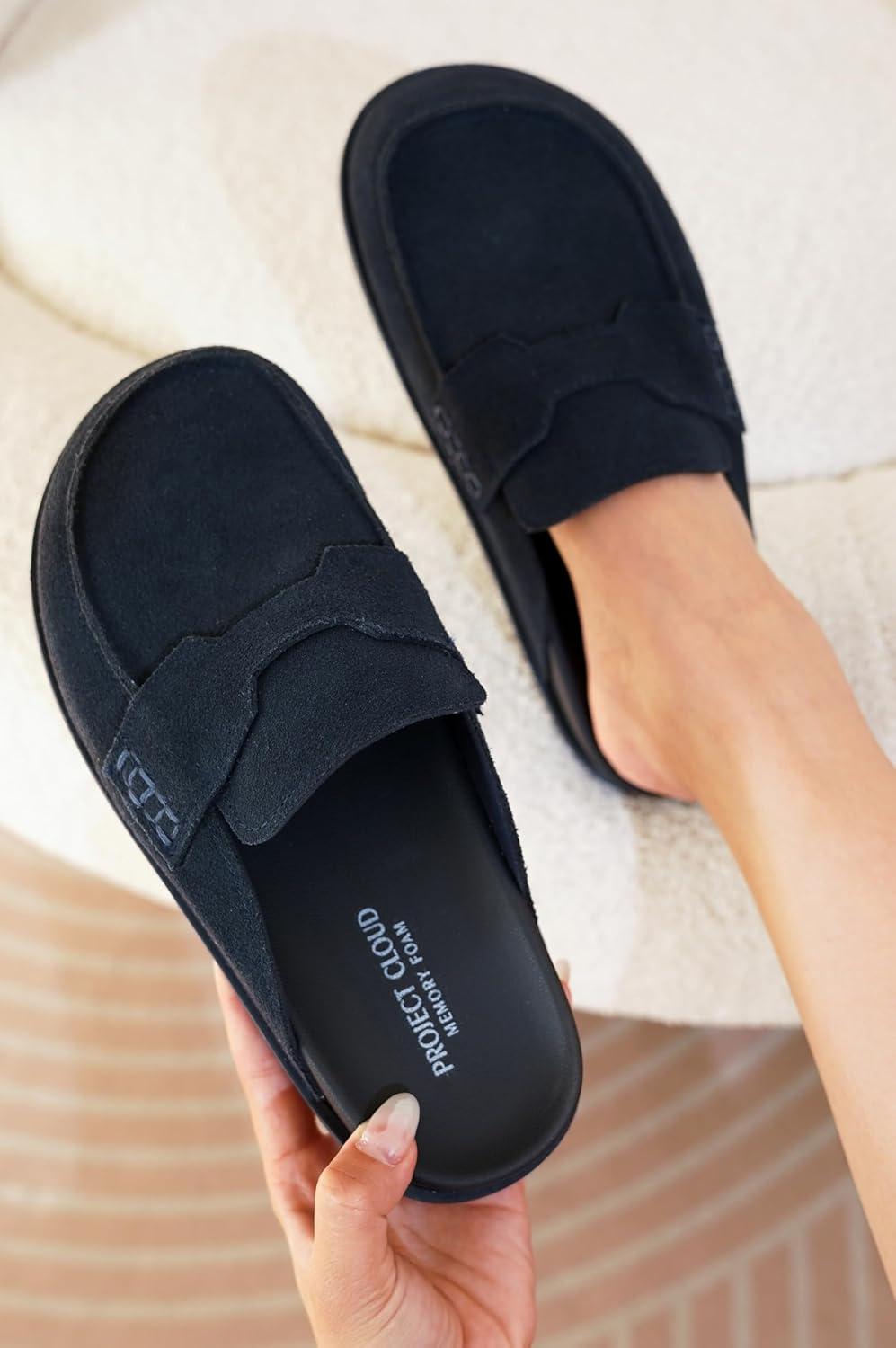 imageProject Cloud 100 Genuine Leather Womens Clog  Memory Foam Arch Support NonSlip Sole Mules ampamp Clogs for Women Footwear  Platform Winter Shoes FoamyMidnight Suede