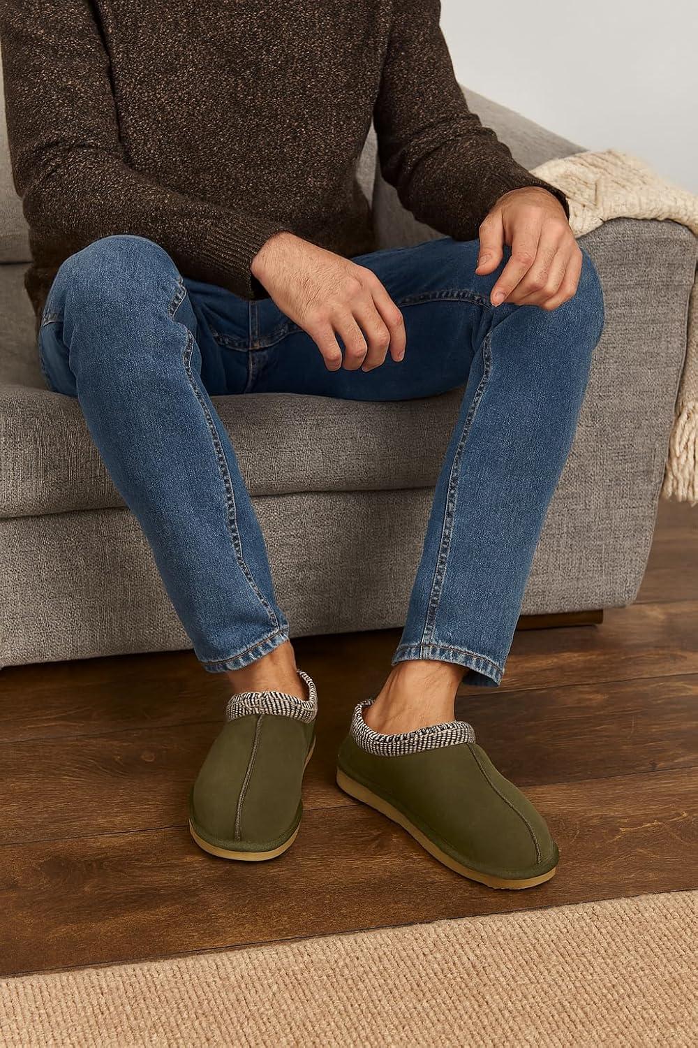 imageProject Cloud 100 Genuine Leather with Australian Shearling Lining Mens Slippers ampamp Memory Foam Insole Outdoor ampamp House Slippers for Men  NonSlip Fuzzy Mens Shoes RelaxationOlive