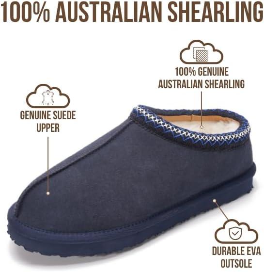 imageProject Cloud 100 Genuine Leather with Australian Shearling Lining Mens Slippers ampamp Memory Foam Insole Outdoor ampamp House Slippers for Men  NonSlip Fuzzy Mens Shoes RelaxationNavy