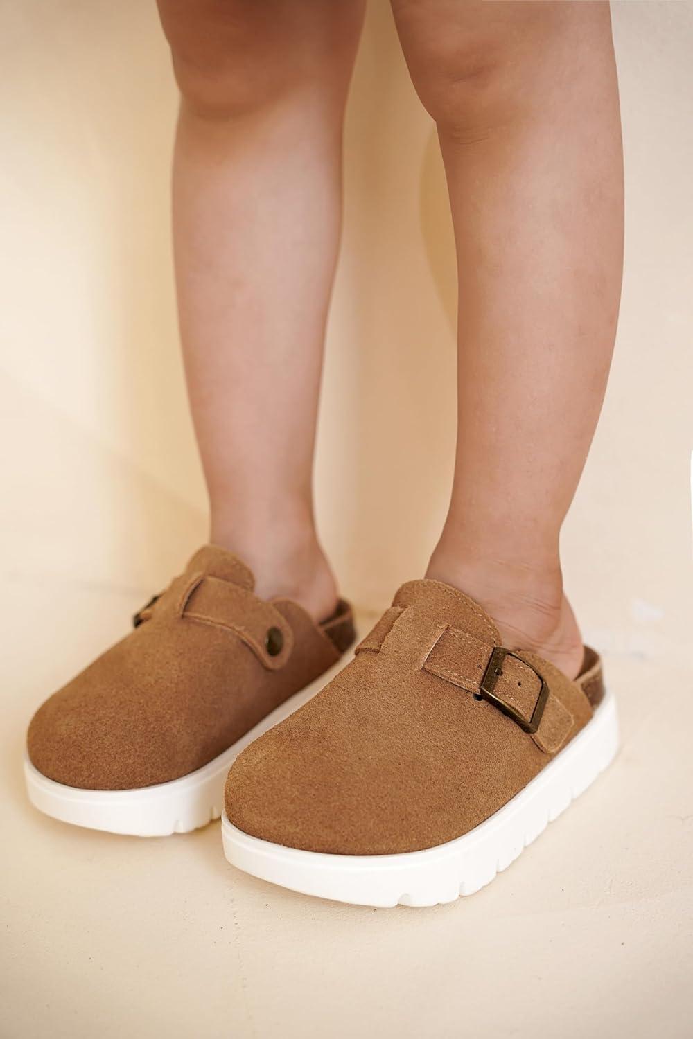 imageProject Cloud Chunky Kids Clogs  100 Genuine Leather Clogs for Kids with Cork Footbed ampamp Arch Support  NonSlip Mules ampamp Sandals for Girls Footwear Little BentonChunkyChestnut Suede