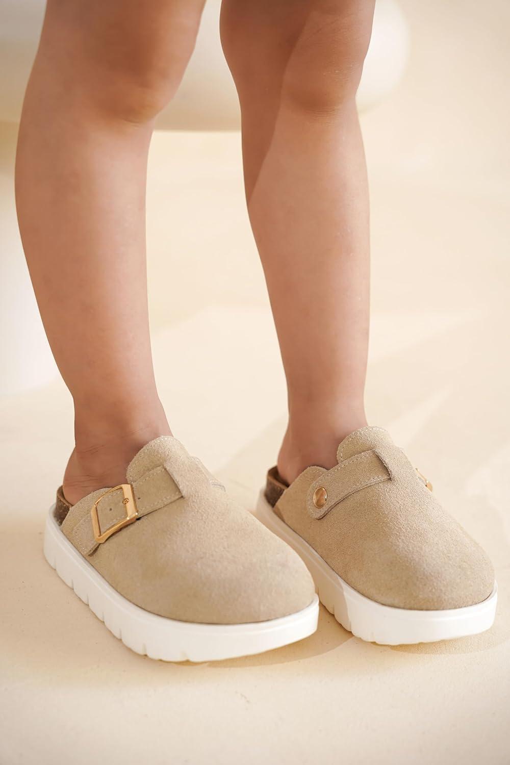 imageProject Cloud Chunky Kids Clogs  100 Genuine Leather Clogs for Kids with Cork Footbed ampamp Arch Support  NonSlip Mules ampamp Sandals for Girls Footwear Little BentonChunkyBeige Suede