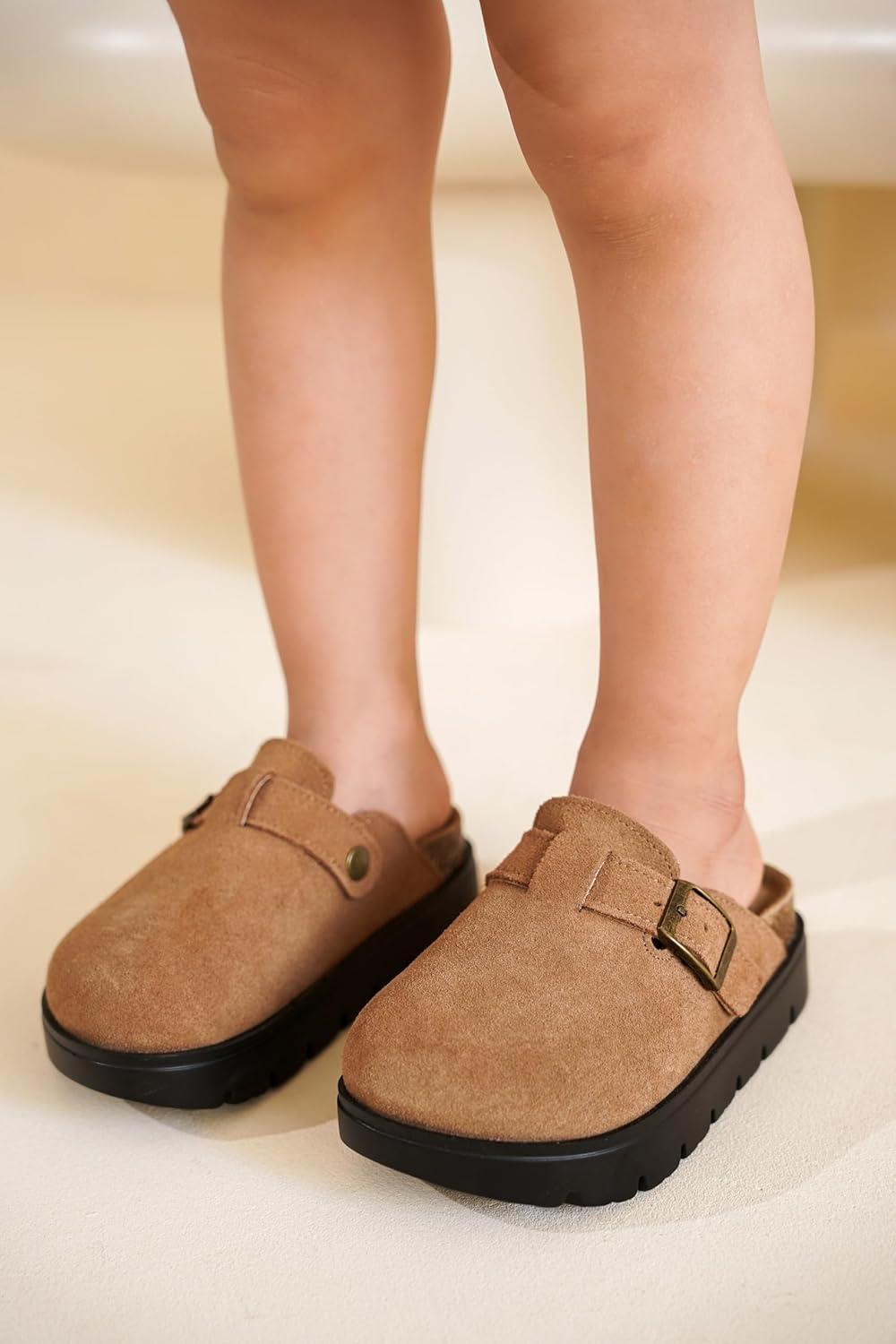 imageProject Cloud Chunky Kids Clogs  100 Genuine Leather Clogs for Kids with Cork Footbed ampamp Arch Support  NonSlip Mules ampamp Sandals for Girls Footwear Little BentonChunkyTan Suede