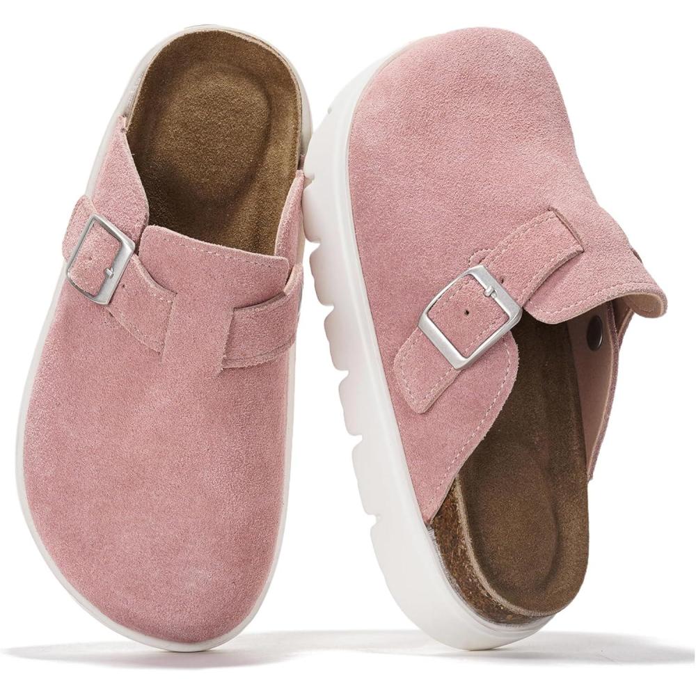 imageProject Cloud Chunky Kids Clogs  100 Genuine Leather Clogs for Kids with Cork Footbed ampamp Arch Support  NonSlip Mules ampamp Sandals for Girls Footwear Little BentonChunkyPink Suede
