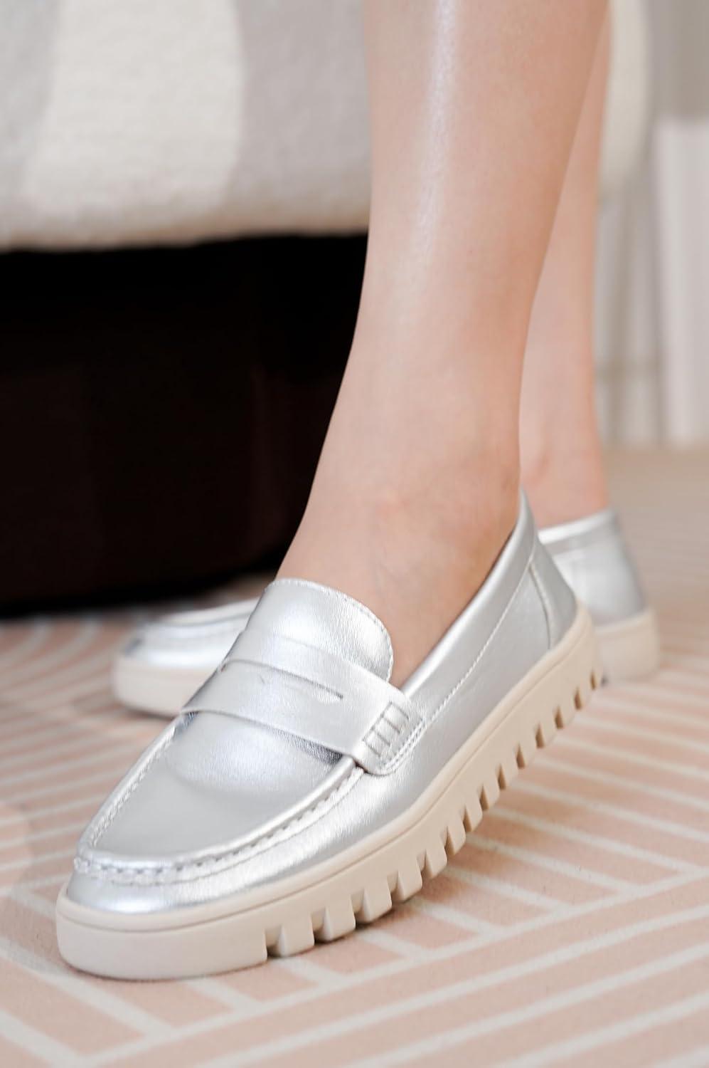 imageProject Cloud Genuine Leather Loafers for Women  Memory Foam Insoles Slip On Shoes for Women  Lightweight Womens Shoes  Non Slip Womens Loafers Filide1Silver