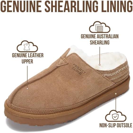 imageProject Cloud Mens Slippers 100 Genuine Leather ampamp Australian Shearling Lining Furry House Slippers for Men with Memory Foam Insole  Lightweight and NonSlip Mens Shoes UnwindChestnut Suede