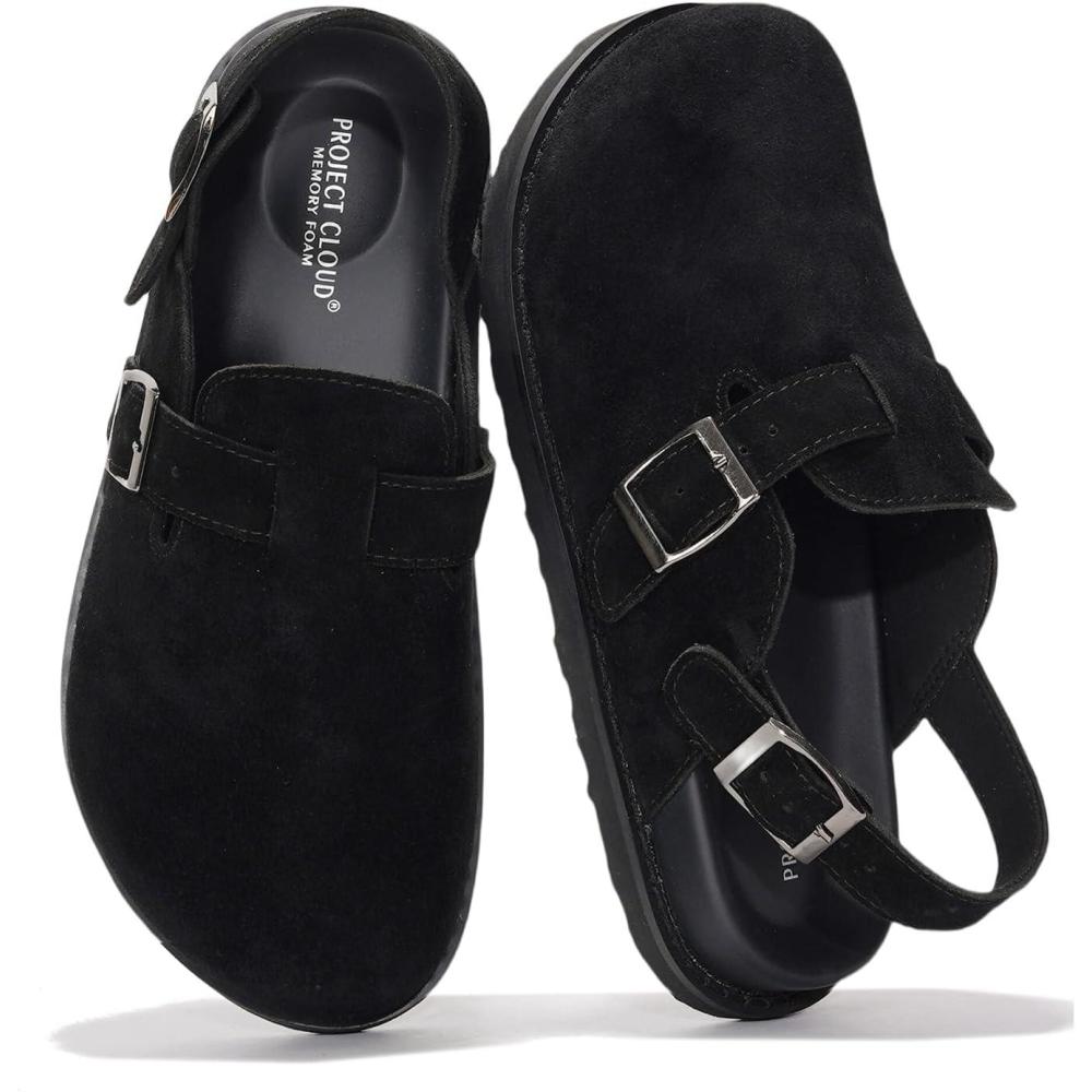 imageProject Cloud Genuine Leather Footbed Clogs for Women  Memory Foam Arch Support Slippers for Women  Trendy Slipons Womens Mules ampamp Clogs Sandals BentonBlack With Strap
