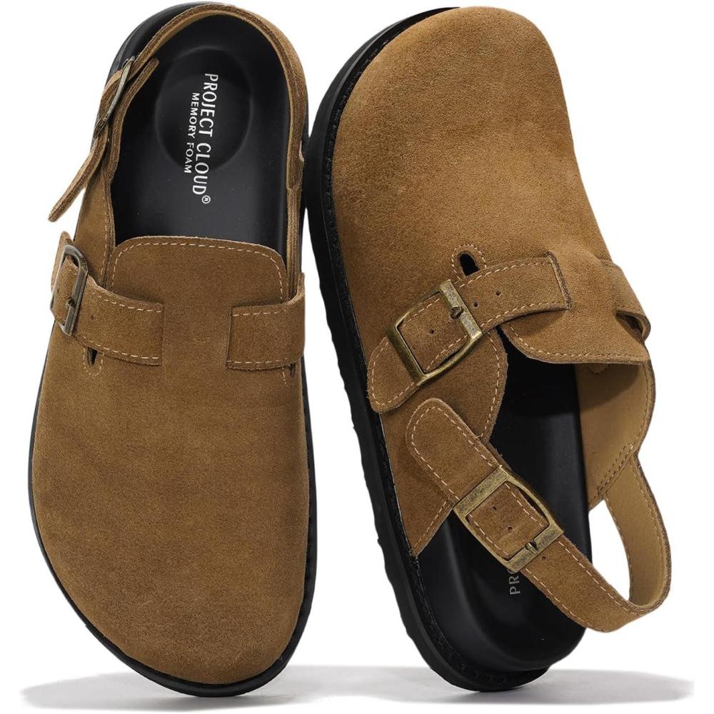 imageProject Cloud Genuine Leather Footbed Clogs for Women  Memory Foam Arch Support Slippers for Women  Trendy Slipons Womens Mules ampamp Clogs Sandals BentonChestnut With Strap