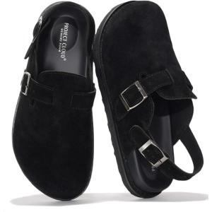 imageProject Cloud Genuine Leather Footbed Clogs for Women  Memory Foam Arch Support Slippers for Women  Trendy Slipons Womens Mules ampamp Clogs Sandals BentonBlack With Strap
