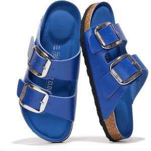 image100 Genuine Leather Flat Sandals Comfortable Beach Essentials Womens Sandals  Memory Foam Slides for Women SantoriniCobalt