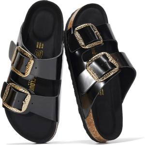 image100 Genuine Leather Flat Sandals Comfortable Beach Essentials Womens Sandals  Memory Foam Slides for Women SantoriniOnyx Leather