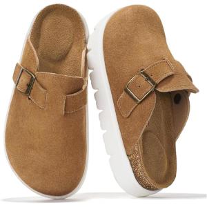 imageProject Cloud Chunky Kids Clogs  100 Genuine Leather Clogs for Kids with Cork Footbed ampamp Arch Support  NonSlip Mules ampamp Sandals for Girls Footwear Little BentonChunkyChestnut Suede