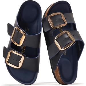 imageProject Cloud Genuine Leather Flat Sandals for Women 2026 Comfortable Beach Essentials Womens Sandals Memory Foam Vacation Essentials Slides for Women Footwear SantoriniNavy