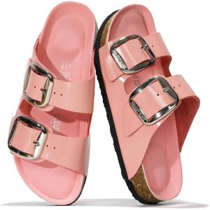 imageProject Cloud Genuine Leather Flat Sandals for Women 2026 Comfortable Beach Essentials Womens Sandals Memory Foam Vacation Essentials Slides for Women Footwear SantoriniPink Patent