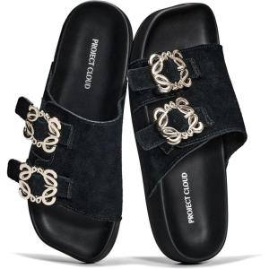 image:imageProject Cloud 100 Genuine Leather Womens Sandals Dressy  Lightweight amp NonSlip Womens Flats Sandals Women with Plush amp Soft Insole Slides Sandals for Women 2026 VeloraBlack Suede