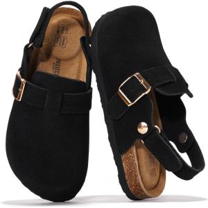image:imageProject Cloud 100 Genuine Leather Kids Clogs with Natural Cork Footbed amp Memory Foam Insole Arch Support  NonSlip Clogs for Kids  Slippers Sandals for Boys amp Girls FootwearBlack Suede With Back Strap