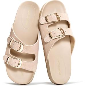 image:imageProject Cloud 100 Genuine Leather Womens Sandals Comfortable Plush amp Soft Insole Sandals Women  NonSlip Flat Sandals for Women 2026  Lightweight Womens Slides DAINTYBeige Suede