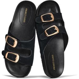 image:imageProject Cloud 100 Genuine Leather Womens Sandals Comfortable Plush amp Soft Insole Sandals Women  NonSlip Flat Sandals for Women 2026  Lightweight Womens Slides DAINTYBlack Suede